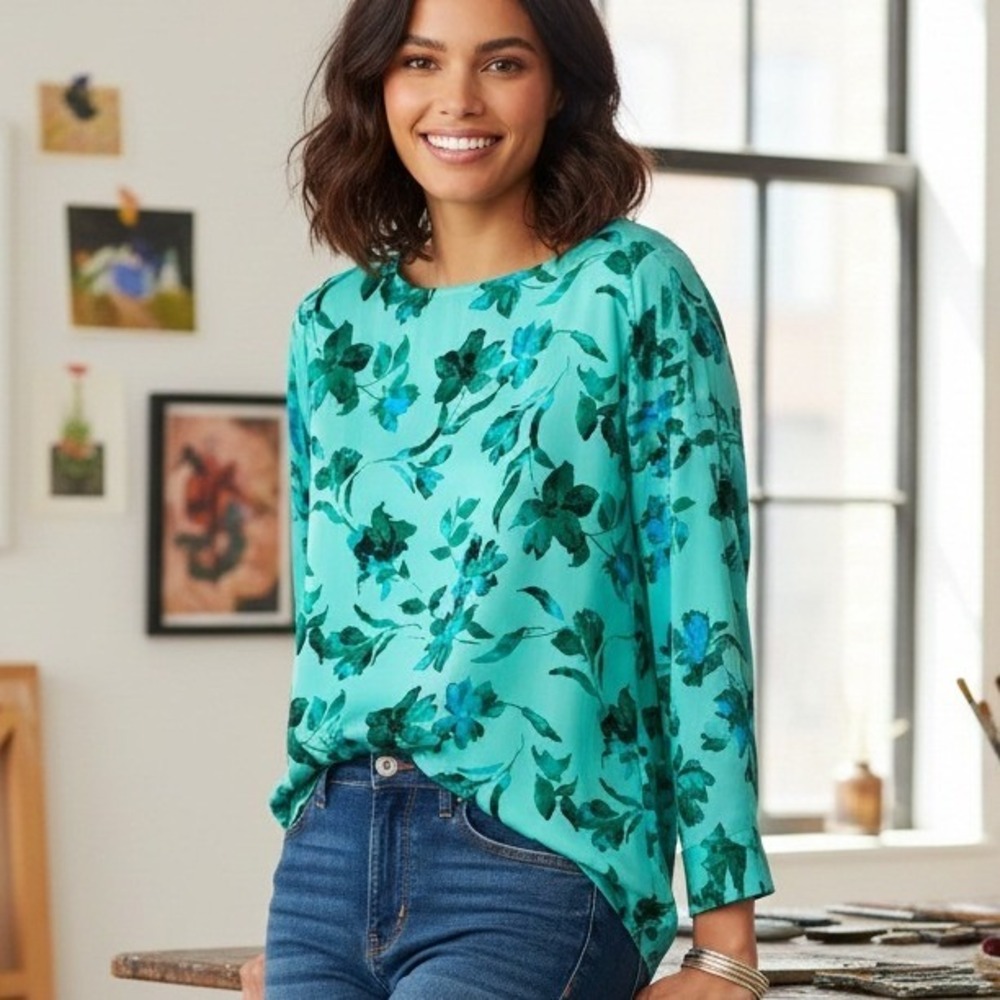 NEW J.Jill Medium $89 Light Enamel Green Floral Satin Boat Neck A-Line‎ Top